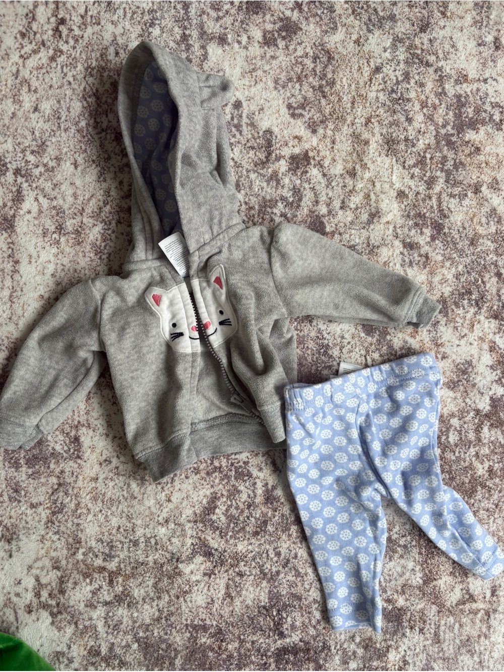 Gray Cat Hoodie and Light Blue Floral Leggings Kids Matching Set